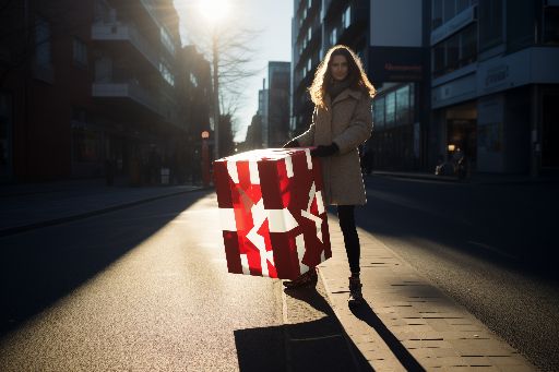 Woman holding a large gift box on vibrant street