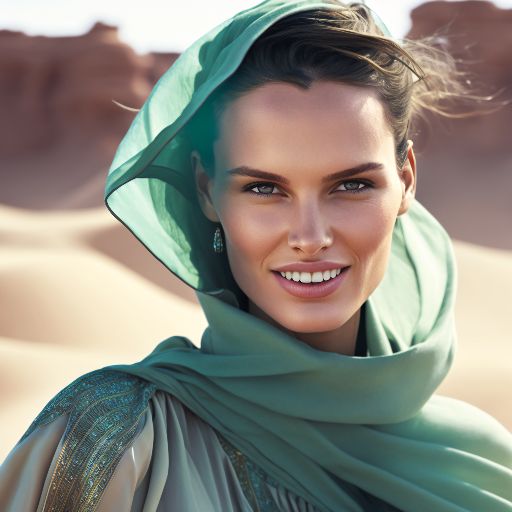 A woman in a colorful dress with aqua green accents against a desert background"