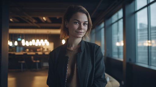 Woman in a office building looking at the camera