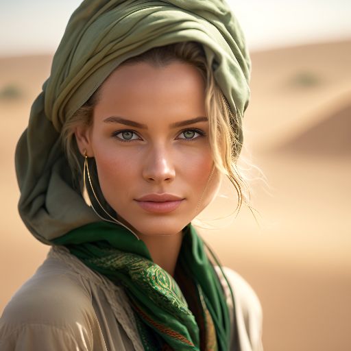 Colourful desert: Woman wearing dress with green accents on desert background