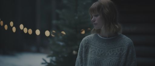 Woman in christmas sweater in forest at golden hour.
