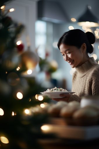 Woman baking a christmas cake in a cozy kitchen