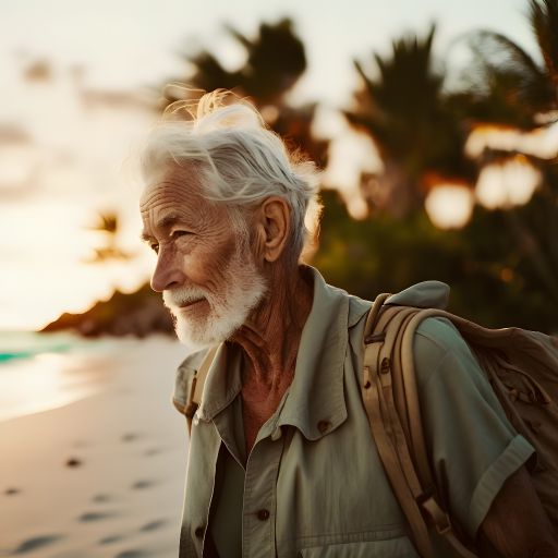 Portrait of a 65-Year-Old Swedish Man Walking on a Tropical Beach