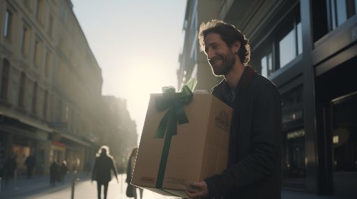 Man holding a large gift box on a vibrant city street