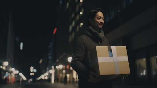 Asian man holding a large gift box on a vibrant city street during christmas