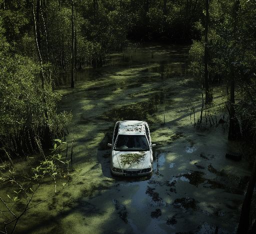 Abandoned car submerged in a murky swamp surrounded by trees