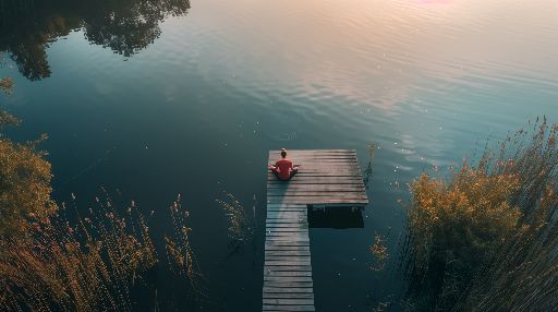 Person sitting on a dock by a tranquil lake during sunset