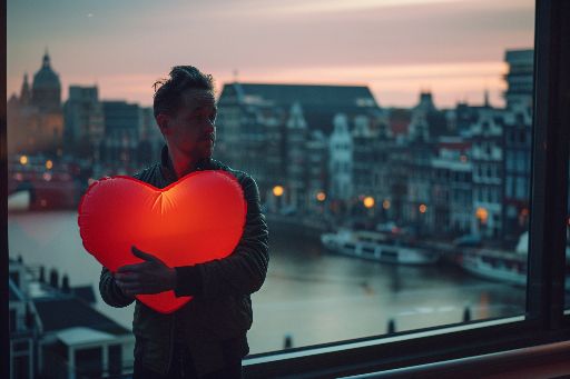 Person holding a glowing heart-shaped object at dusk with cityscape