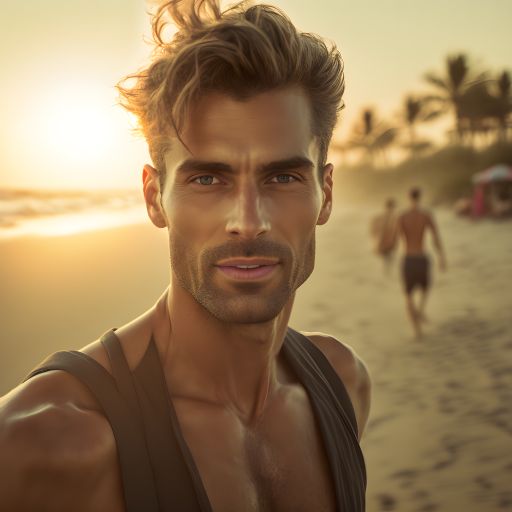 portrait of a 30 years old man walking on a tropical beach with sea and palm trees in the background at sunset