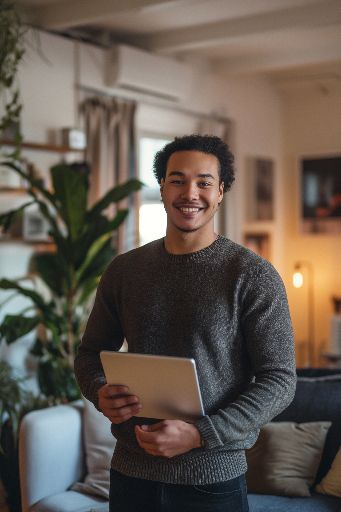 Smiling young man with a tablet in a cozy living room