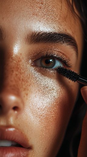 Close-up of a woman applying mascara, highlighting her freckles