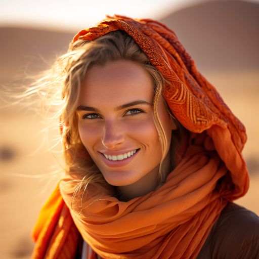 Colorful desert: A woman in a colorful dress with orange accents against a desert background