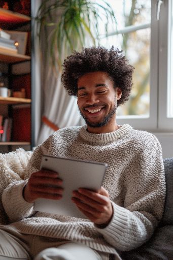 Man in white sweater smiling while using a tablet indoors