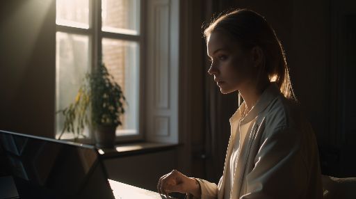 North european woman typing on laptop