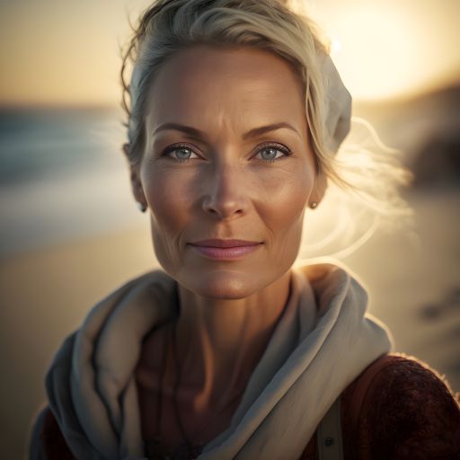 A graceful and elegant woman stands at the shoreline, her face illuminated by the soft light of the sea.