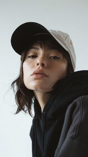 Portrait of a young woman with a cap and hoodie looking pensive