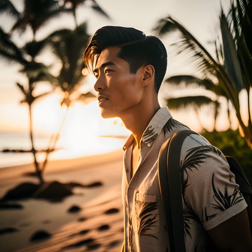 Asian man walks on tropical beach