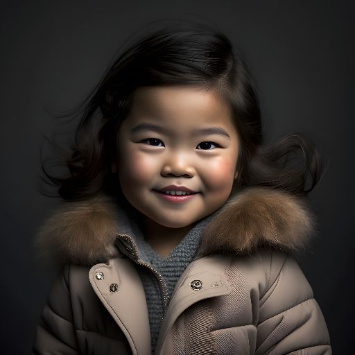 Smiling asian child in fashionable outfit against moody dark grey background.