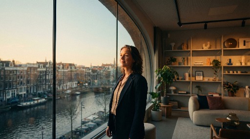 Woman gazing out of large window overlooking a canal.