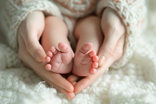 Close-up of a baby's feet cradled in adult hands