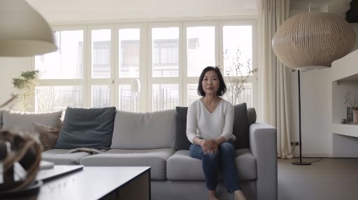Asian woman sitting on the couch in living room