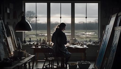 30-39yo female artist painting in her home atelier at dusk with large windows.