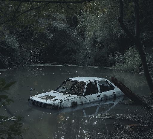 Abandoned car submerged in a forest pond at twilight