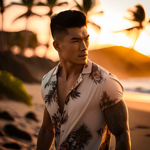 With the sun casting a beautiful golden light, this Asian man walks along a tropical beach, his features beautifully framed by the blurry background.