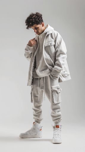 Stylish man in trendy streetwear posing against a neutral background