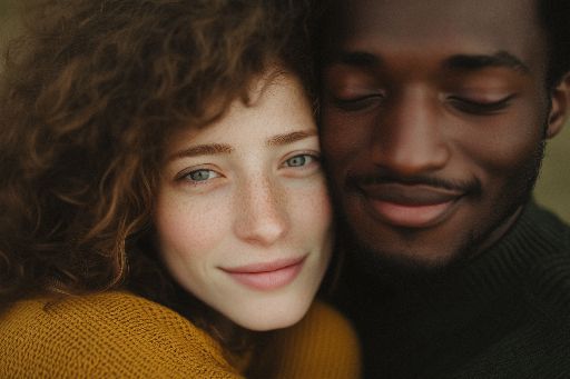 Intimate portrait of a smiling woman and a man with eyes closed