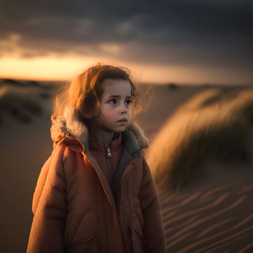 Young Girl Walks Through Stunning Dunes at Dusk with Colorful Sky as Backdrop
