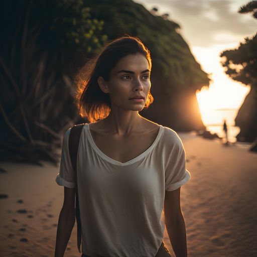 portrait of a young french woman walking at a tropical be