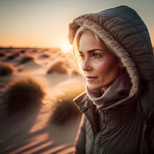 A woman can be seen walking through the dunes at dusk, the colors of the sky painting the landscape in warm hues.