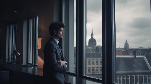 Modern amsterdam office: a man looking out of a large window.