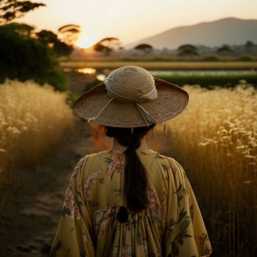 Asian woman in her 20s at sunset amid asian landscape