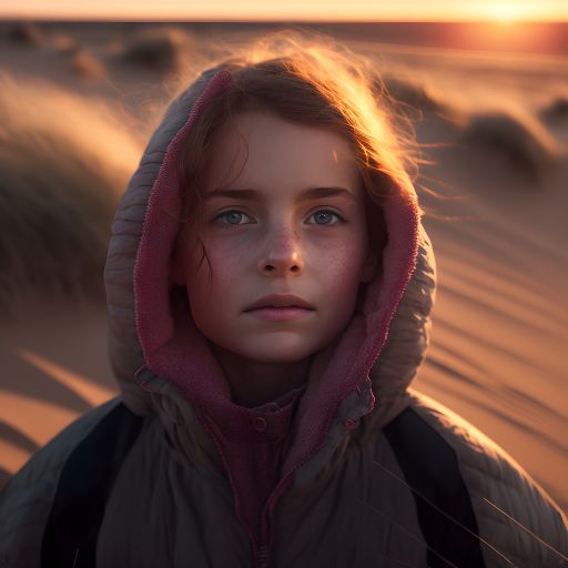 A young child takes a solitary walk through the dunes as the sun sets, the colors of the sky reflecting off the sand.