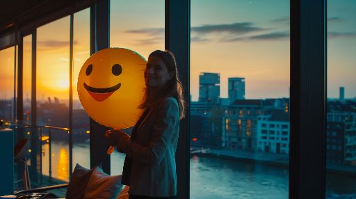 Woman holding a smiley balloon in front of a window at dusk