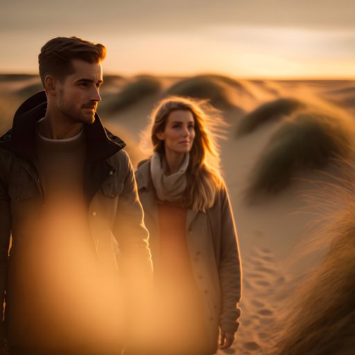 portrait of a beautiful dutch couple walking at the dunes late afternoon