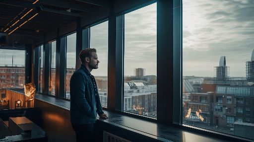 Man contemplating cityscape through office window
