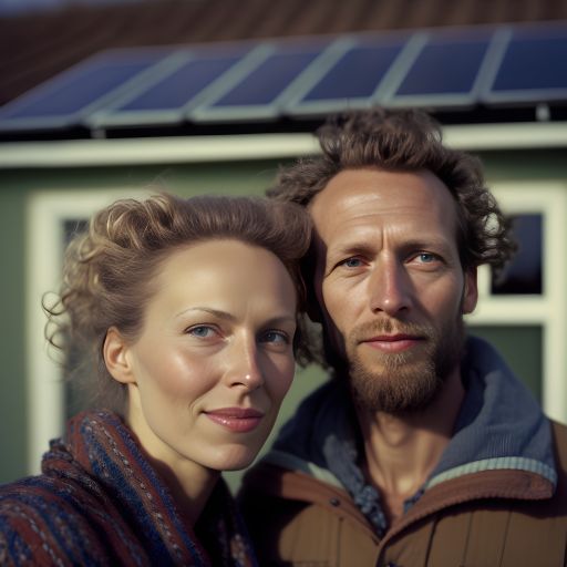A portrait of a couple standing in front of their house on a sunny day, with solar panels on the roof.