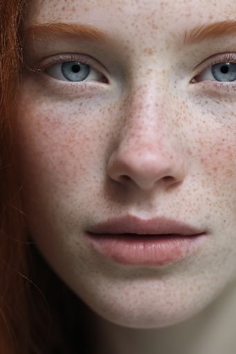 Close up of a woman with freckles and pale skin