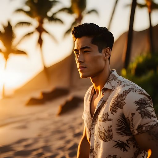 The gorgeous golden hour illuminates this portrait of an Asian man walking along a tropical beach, the waves gently lapping at his feet.