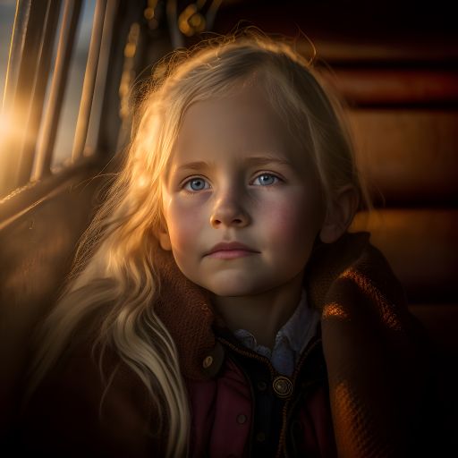 In the golden light of a setting sun, a cute blond girl smiles and enjoys the ride on a boat