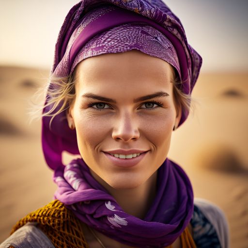 Colorful desert: A woman in a colorful dress with purple accents against a desert background