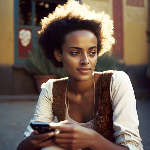Summer Joy: Street Portrait of a Young Woman with Curly Hair and a Smartphone in Soft Focus