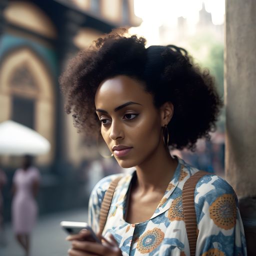 Summer Street Style: Young Woman with Curly Hair and Smartphone in Soft Focus