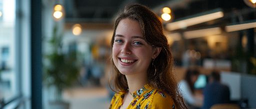 Smiling young woman in a yellow blouse at a modern office