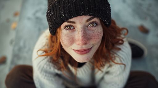 Woman with red hair and freckles wearing a beanie looks up