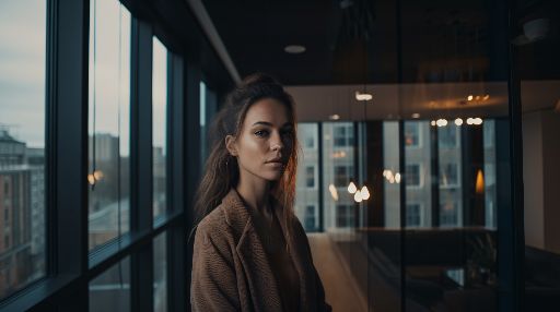 Woman in office building looking at the camera