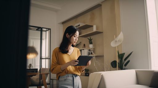 Asian woman holding a tablet at home